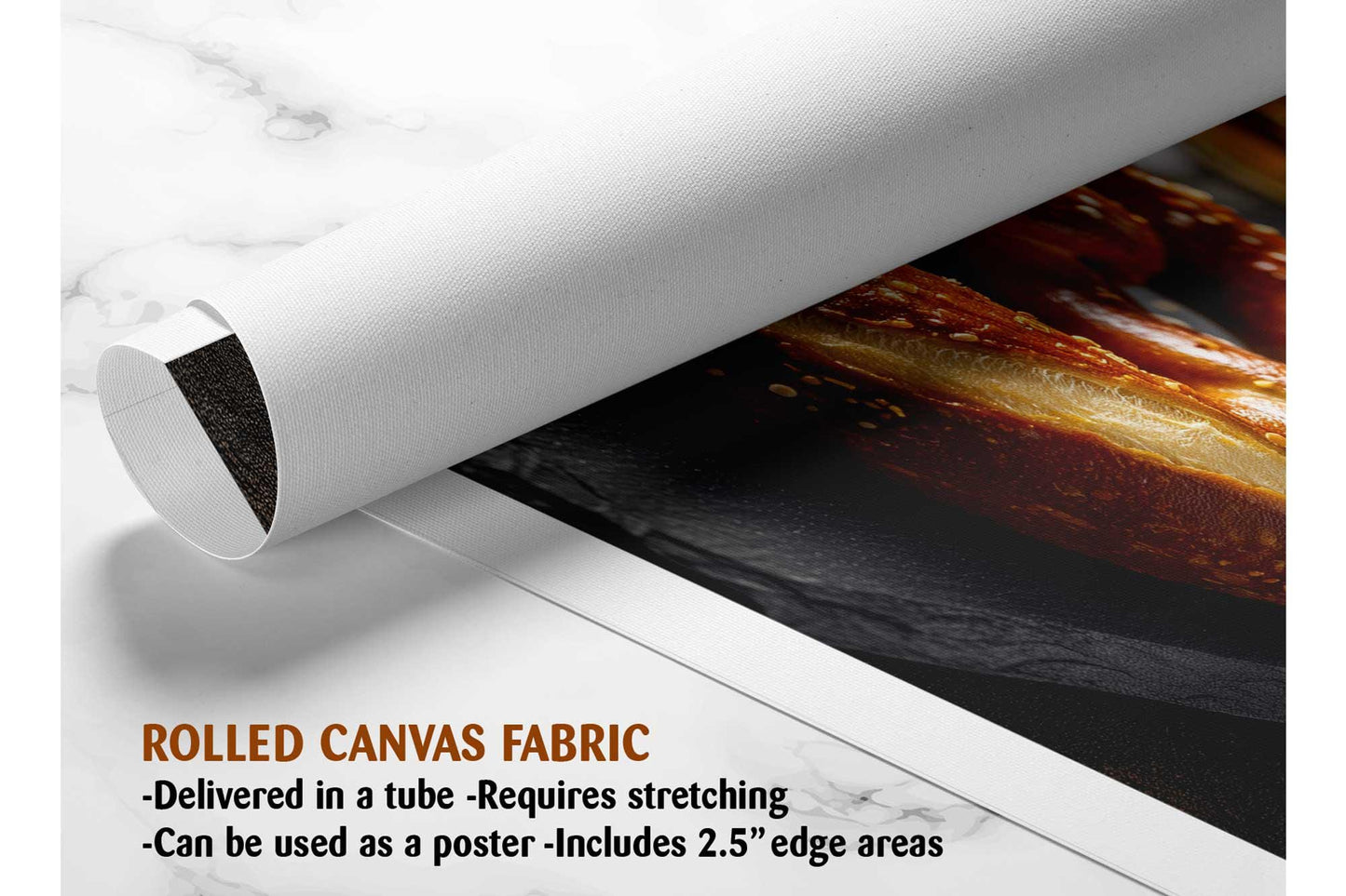 The image is a rolled canvas fabric, which is a type of canvas material used for creating posters or wall art. It is described as a tube-delivered fabric, which means it is delivered in a tube and requires stretching before use. The fabric can be used as a poster and includes a 2.5" edge area.