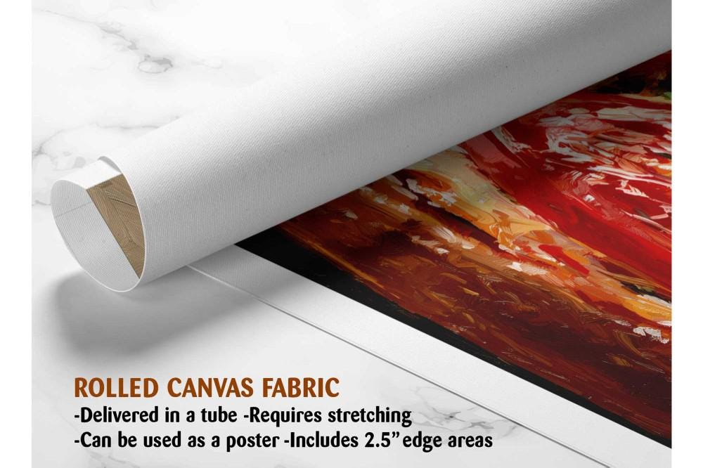 The image is a rolled canvas fabric, which is a type of canvas material used for painting or printing. It is described as a tube-delivered fabric that requires stretching and can be used as a poster with a 2.5" edge area.