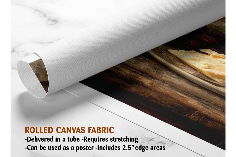 The image is a rolled canvas fabric, which is a type of canvas material used for creating posters or wall art. It is described as a tube-delivered fabric, which means it is delivered in a tube and requires stretching before use. The fabric can be used as a poster and includes a 2.5" edge area.
