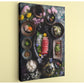 The image is a vibrant and colorful still life featuring an array of food items, including sushi, rice, and various sauces, arranged in an aesthetically pleasing manner.