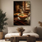 a cozy living room with a large bowl of steaming hot soup on a wooden table, surrounded by various decorative elements such as a potted plant, a vase, and a wooden coffee table.