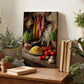 a wooden table with a painting of a kitchen scene, including a variety of fresh produce, herbs, and cooking utensils.