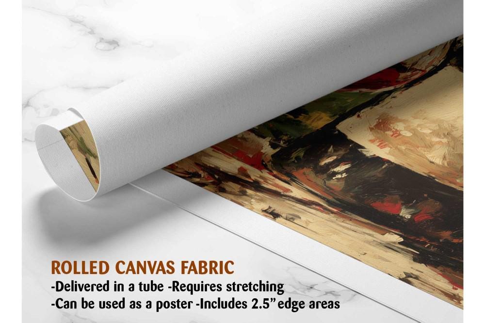 The image is a rolled canvas fabric, which is a type of canvas material used for painting or printing. It is described as a tube-delivered canvas fabric, which means it is delivered in a tube and requires stretching before use. It can be used as a poster with a 2.5" edge area.
