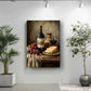a still life painting of a table with a bottle of wine, a vase of flowers, and a plate of cheese, set against a white wall with a potted plant on the left side.