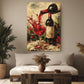a living room with a large painting of a wine bottle and glass on the wall, a wooden coffee table in front of the couch, and potted plants on either side of the room.