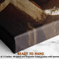 The image is a close-up of a canvas print with a wooden frame, showcasing the artwork on a marble surface.