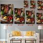 The image is a collage of seven images, each depicting a different scene related to food and cooking. The images are arranged in a grid format, with each row representing a different size, ranging from 6" x 12" to 24" x 36". The images are displayed on a wall, and there is a white couch in the foreground.