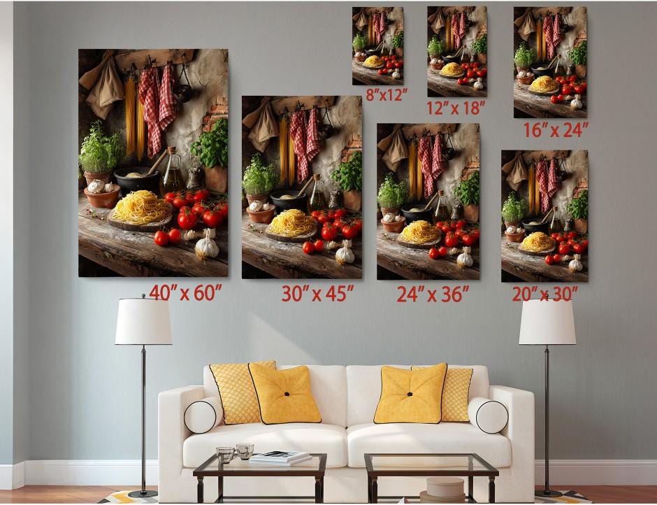 The image is a collage of seven images, each depicting a different scene related to food and cooking. The images are arranged in a grid format, with each row representing a different size, ranging from 6" x 12" to 24" x 36". The images are displayed on a wall, and there is a white couch in the foreground.