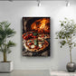 a picture of two pizzas in front of a fire