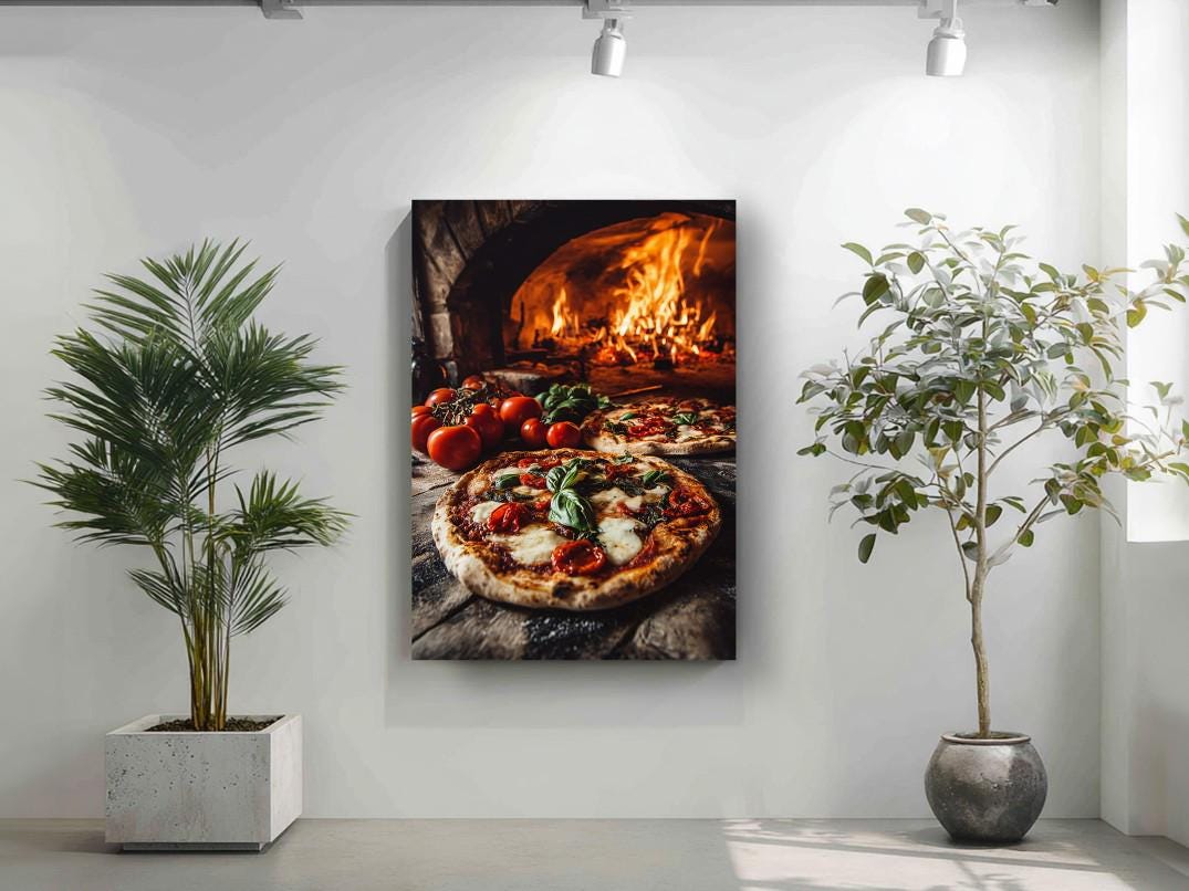 a picture of two pizzas in front of a fire