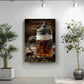 a framed photograph of a glass mug filled with beer, placed on a wooden surface, with a potted plant to the left and a plant to the right.