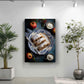 a framed photograph of a plate of food, including a pastry and an apple, displayed on a wall.