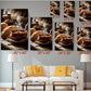 The image is a living room with a white couch and a coffee table. Above the couch, there are six framed images of food items, including bowls of soup and bread, arranged in a grid-like pattern. Each image is labeled with its size in inches, ranging from 40 to 36.