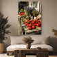a cozy living room with a large painting of a vegetable market hanging on the wall. The painting features a variety of fresh produce, including tomatoes, herbs, and other vegetables, arranged in an inviting manner. The room is decorated with potted plants, vases, and a wooden coffee table, creating a warm and inviting atmosphere.