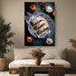 a cozy living room with a large, appetizing pastry on a blue and white plate, surrounded by fresh fruit and a cup of white cream. The room is decorated with potted plants, a wooden coffee table, and a comfortable couch, creating a warm and inviting atmosphere.
