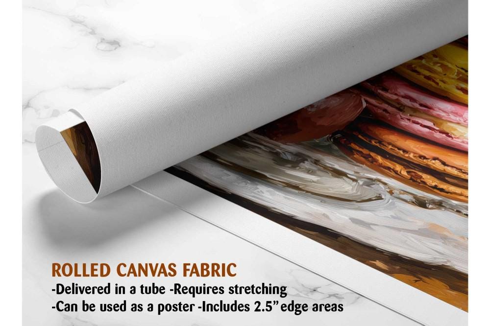The image is a rolled canvas fabric, which is a type of canvas material used for painting or printing. It is described as a tube-delivered fabric, which means it is delivered in a tube and requires stretching before use. It can be used as a poster with a 2.5" edge area.