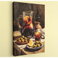 The image is a painting depicting a table with a pitcher of red liquid, a glass of red liquid, a bowl of green olives, and a plate of sliced lemon.