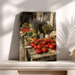 a rustic wooden table filled with fresh produce, including tomatoes, herbs, and other vegetables, set against a backdrop of a white wall and a window.