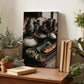 a wooden table with various items on it, including a framed photograph of a meal, potted plants, books, and other decorative objects.