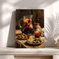 The image is a painting depicting a table with a pitcher of red liquid, a bowl of green olives, and a glass of red liquid, likely a type of wine or juice.