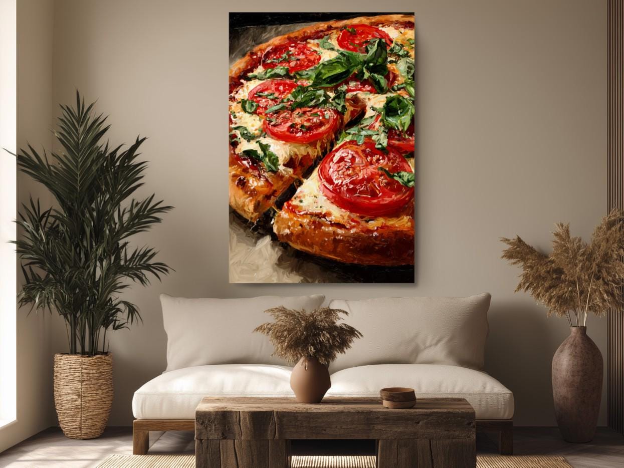 a large pizza with fresh basil and tomatoes, displayed on a wooden table in a cozy living room setting.