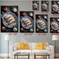 The image is a living room with a white sofa and a coffee table. Above the sofa, there are six framed images of a dessert, including a cake and apples, displayed in various sizes. The images are arranged in a grid-like pattern on the wall, with each frame having a different size and orientation.