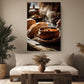 a cozy living room with a large wooden coffee table in the center, surrounded by a white sofa and a potted plant. Above the sofa, there is a framed photograph of a bowl of soup on a wooden surface, with steam rising from it.