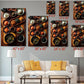 a living room with a white sofa and a coffee table. Above the sofa, there are six framed images of various dishes, including bowls, plates, and other food items. Each image is labeled with its size in inches, ranging from 8"x12" to 24"x36".