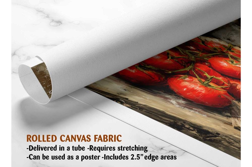 The image is a rolled canvas fabric, which is a type of canvas material used for painting or printing. It is described as a tube-delivered canvas fabric, which means it is delivered in a tube and requires stretching before use. It can be used as a poster with a 2.5" edge area.