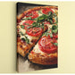 A close-up of a delicious pizza with fresh basil leaves, ripe tomatoes, and melted cheese.