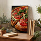 a wooden table with a framed painting of a pizza, surrounded by potted plants and books, creating a cozy and inviting atmosphere.