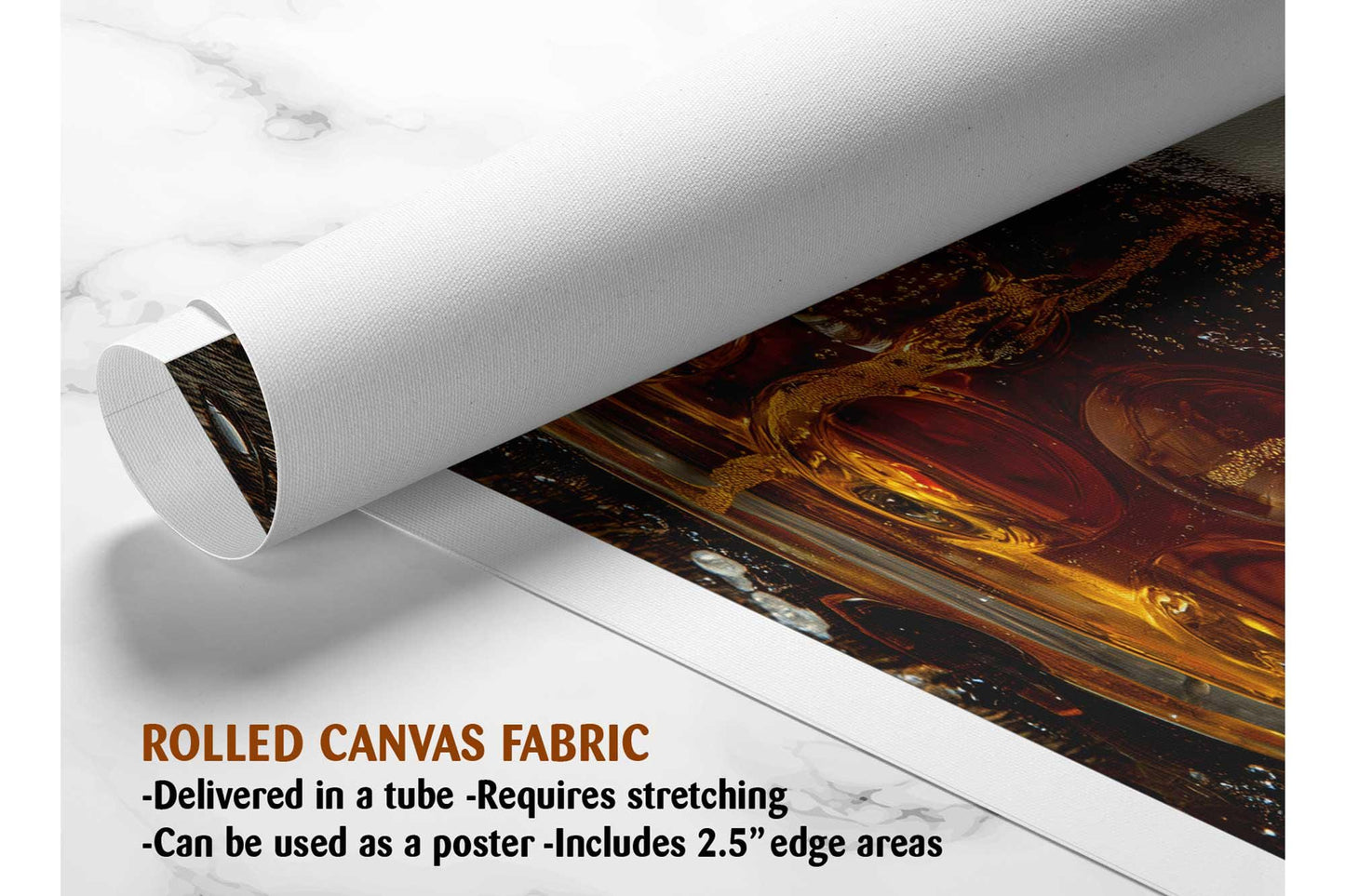 The image is a rolled canvas fabric, which is a type of canvas material used for painting or printing. It is described as a tube-delivered canvas fabric, which means it is delivered in a tube and requires stretching before use. It can be used as a poster with a 2.5" edge area.