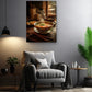 a cozy living room with a comfortable gray armchair, a wooden side table, and a potted plant. Above the armchair, there is a framed photograph of a bowl of soup with steam rising from it, creating a warm and inviting atmosphere.