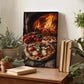 a wooden table with a framed photograph of a pizza in a brick oven, surrounded by potted plants and books.