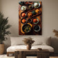 a cozy living room with a large wooden dining table displaying an array of colorful dishes, including rice, vegetables, and other food items. The table is surrounded by a comfortable couch and a coffee table, creating a warm and inviting atmosphere. The room is decorated with potted plants and vases, adding a touch of nature and elegance to the space.