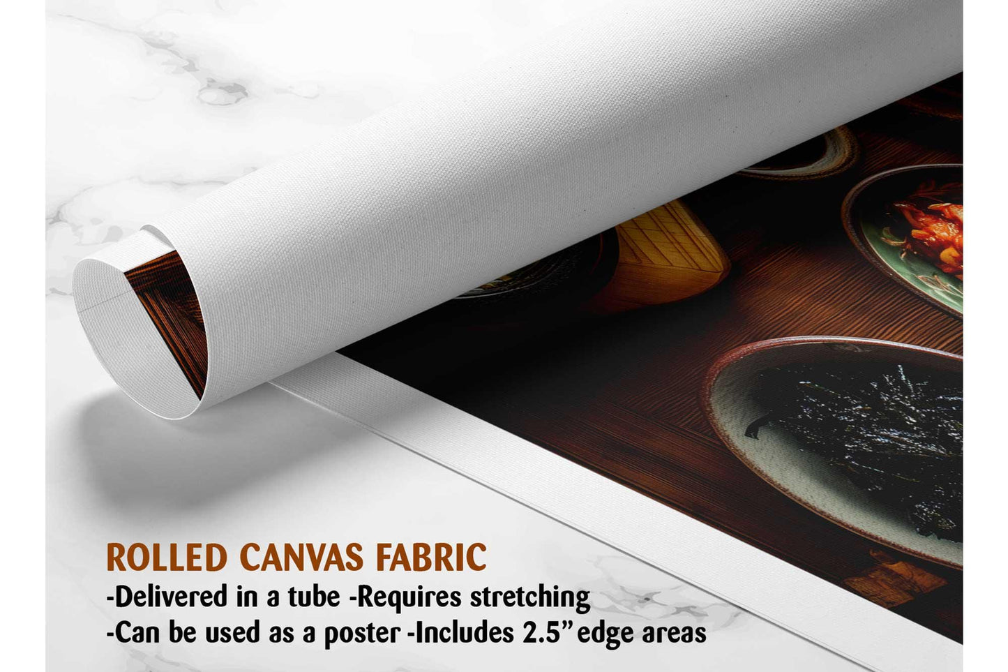 The image is a rolled canvas fabric, which is a type of canvas material used for creating posters or wall art. It is described as a tube-delivered fabric, which means it is delivered in a tube and requires stretching before use. The fabric can be used as a poster with a 2.5" edge area.