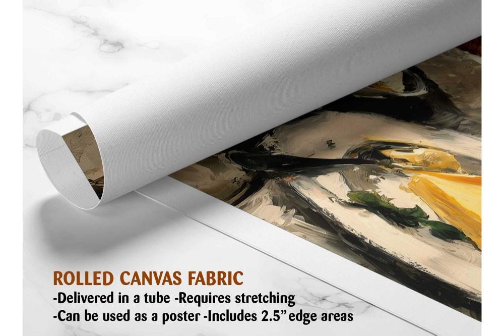 The image is a rolled canvas fabric, which is a type of canvas material used for painting or printing artwork. It is described as a tube-delivered canvas fabric, which means it is delivered in a tube and requires stretching before use. It can be used as a poster with a 2.5" edge area.