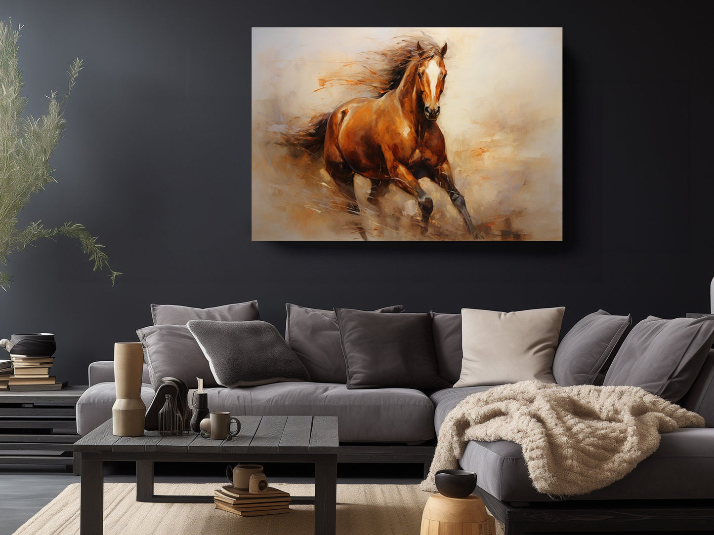 Horse Oil Painting - Galloping Brown Horse Canvas Art Print | Museum Quality