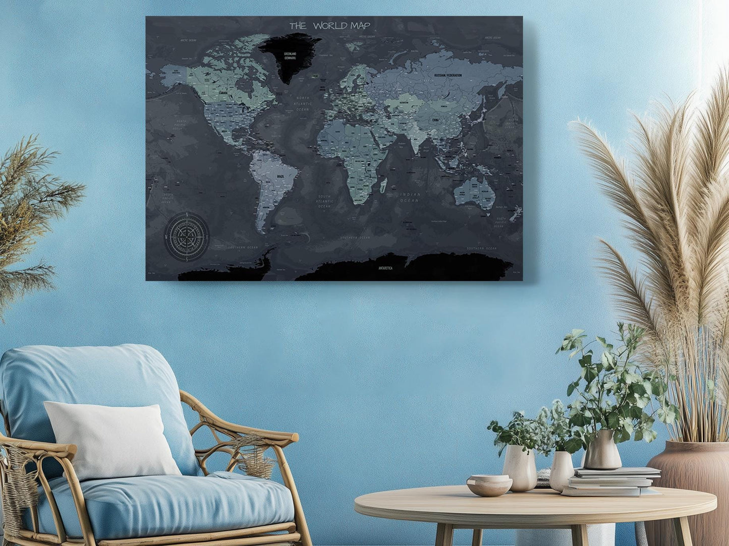 Modern World Map Canvas | Dark Themed Wall Art - Rolled or Ready to Hang