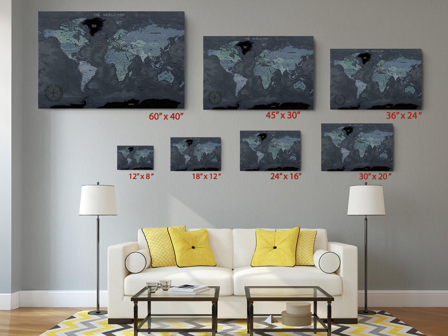 Modern World Map Canvas | Dark Themed Wall Art - Rolled or Ready to Hang